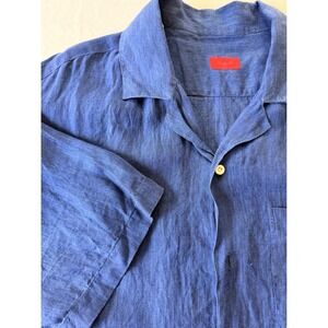 Isaia Button Down Shirt 17.5 Blue Linen Short Sleeve Camp Collar Italy